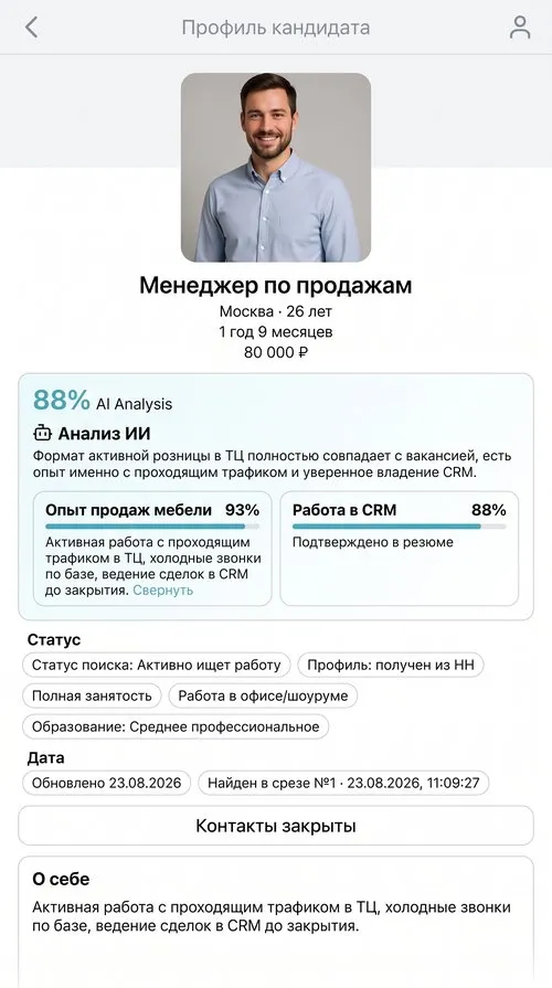Карточка кандидата с AI-оценкой соответствия вакансии 88%