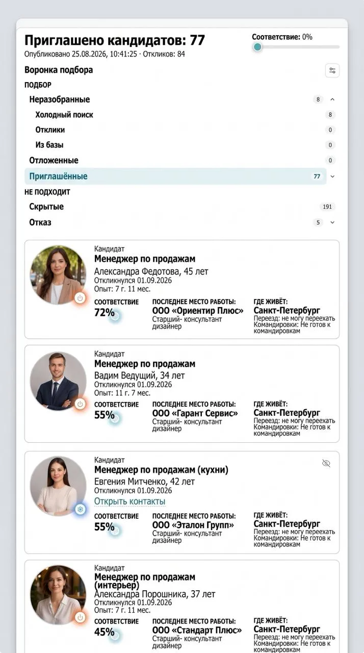Воронка подбора и список приглашённых кандидатов модуля «Персонал»: фото, процент соответствия, последнее место работы