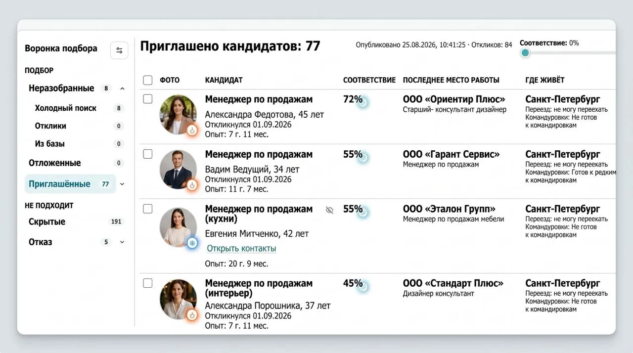 Воронка подбора и список приглашённых кандидатов модуля «Персонал»: фото, процент соответствия, последнее место работы