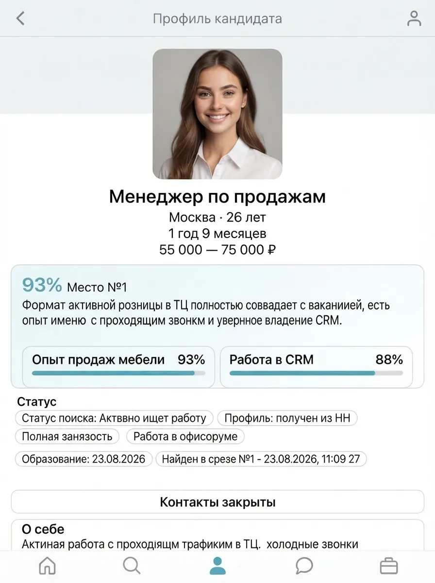 Карточка кандидата с AI-оценкой соответствия вакансии